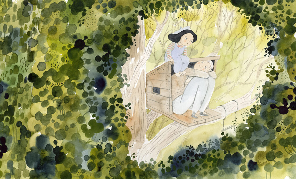 Kuvittaja Maija Hurme: kuvitus lastenkirjasta. Kuvassa aikuinen istuu puumajassa, jonka katolla istuu lapsi.